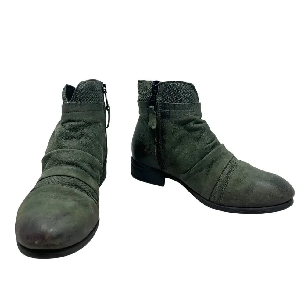 Miz Mooz Sunny Green Leather‎ Ankle Booties Boots Ruched Zip EU 36 US 6 Womens